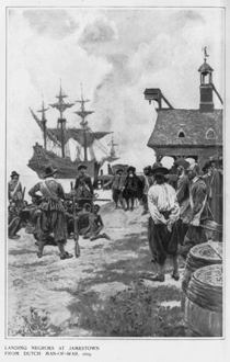 This early 20th century drawing protrays the arrival of the first Africans as enslaved people in America in 1619. (Library of Congress image)